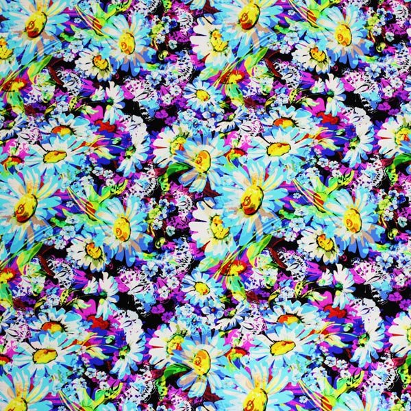 A flat sample of Butterflies Daisies Printed Spandex.