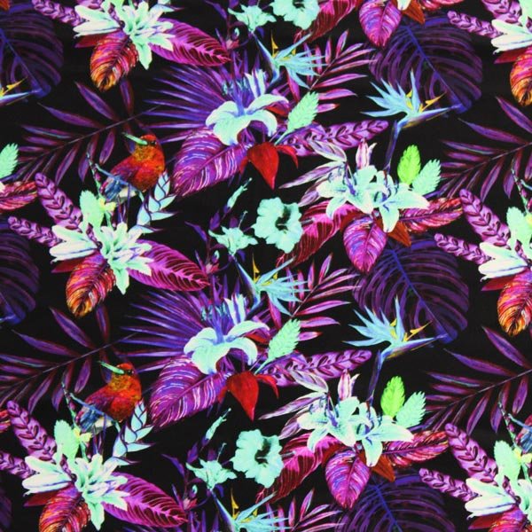 A flat sample of Black Purple Birds of Paradise Printed Spandex.