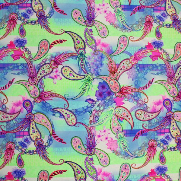 A flat sample of Paisley Floral Multi Color Printed Spandex.