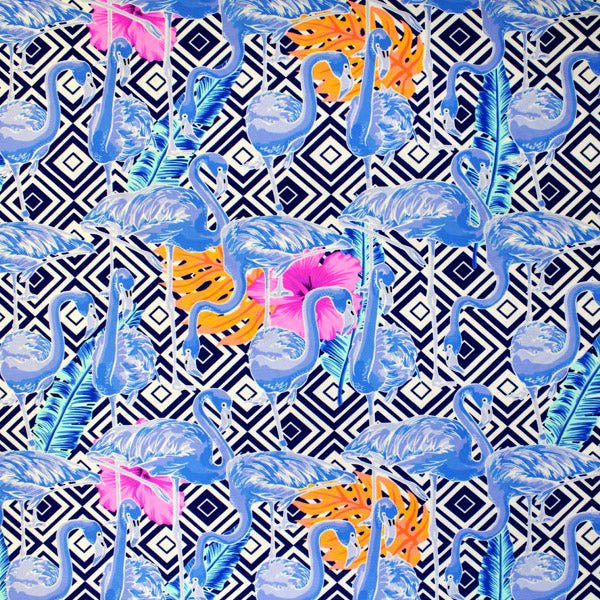 A flat sample of Flamingo Multi Geometric Printed Spandex.