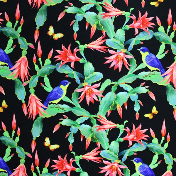 A flat sample of Hummingbirds and Cacti Printed Spandex.