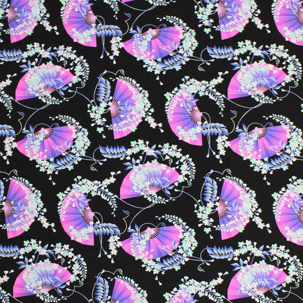 A flat sample of Japanese Fans Printed Spandex.
