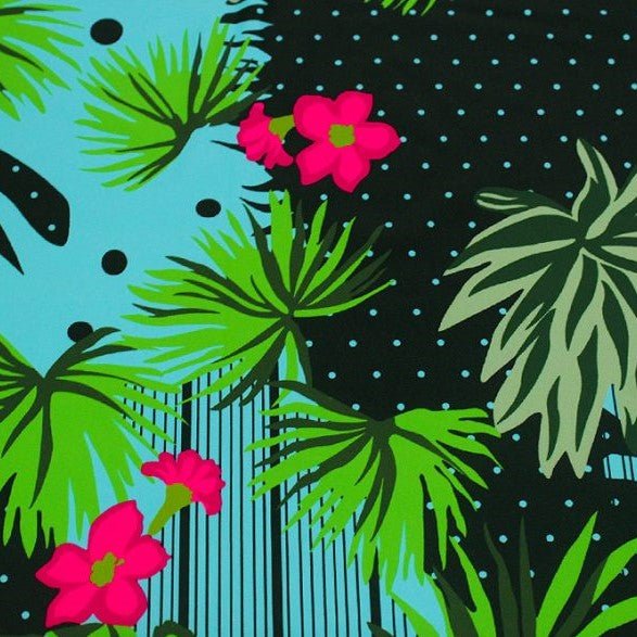 A flat sample of night light florals printed spandex.