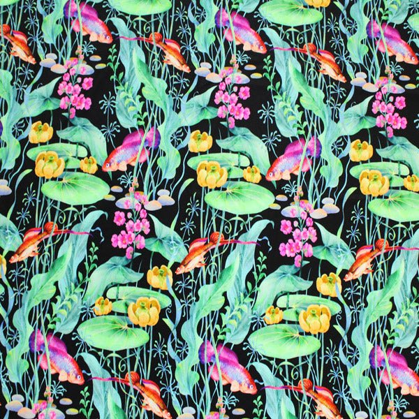A flat sample of Lily Pad Fish Pond Printed Spandex.