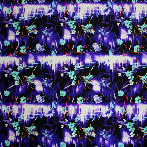 A flat sample of Electric Blossoms Printed Spandex.