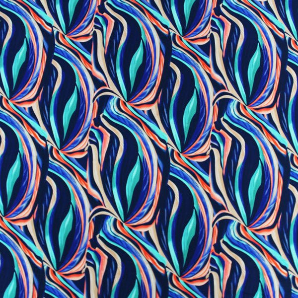 A flat sample of Orange and Navy Swirls Printed Spandex.