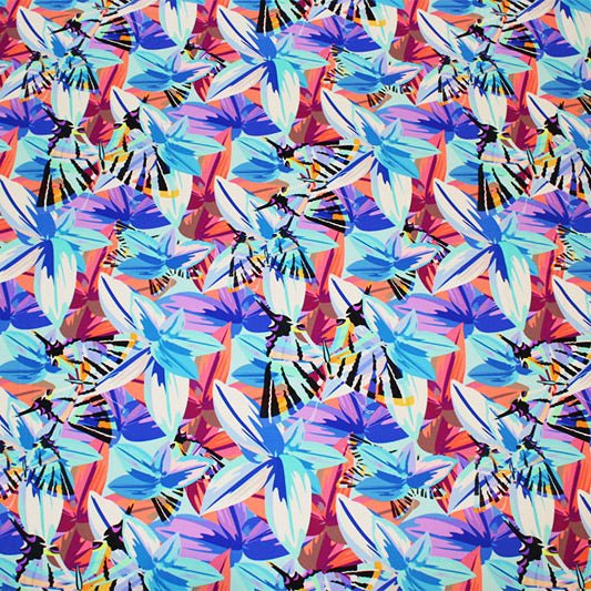 A flat sample of Geometric Flowers Printed Spandex.