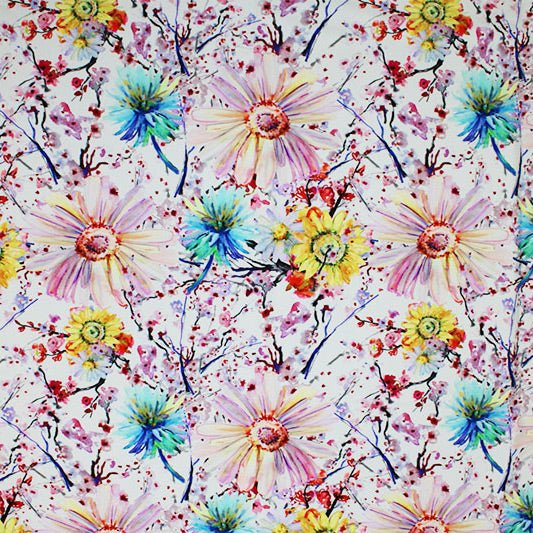 A flat sample of Watercolor Daisies Printed Spandex.
