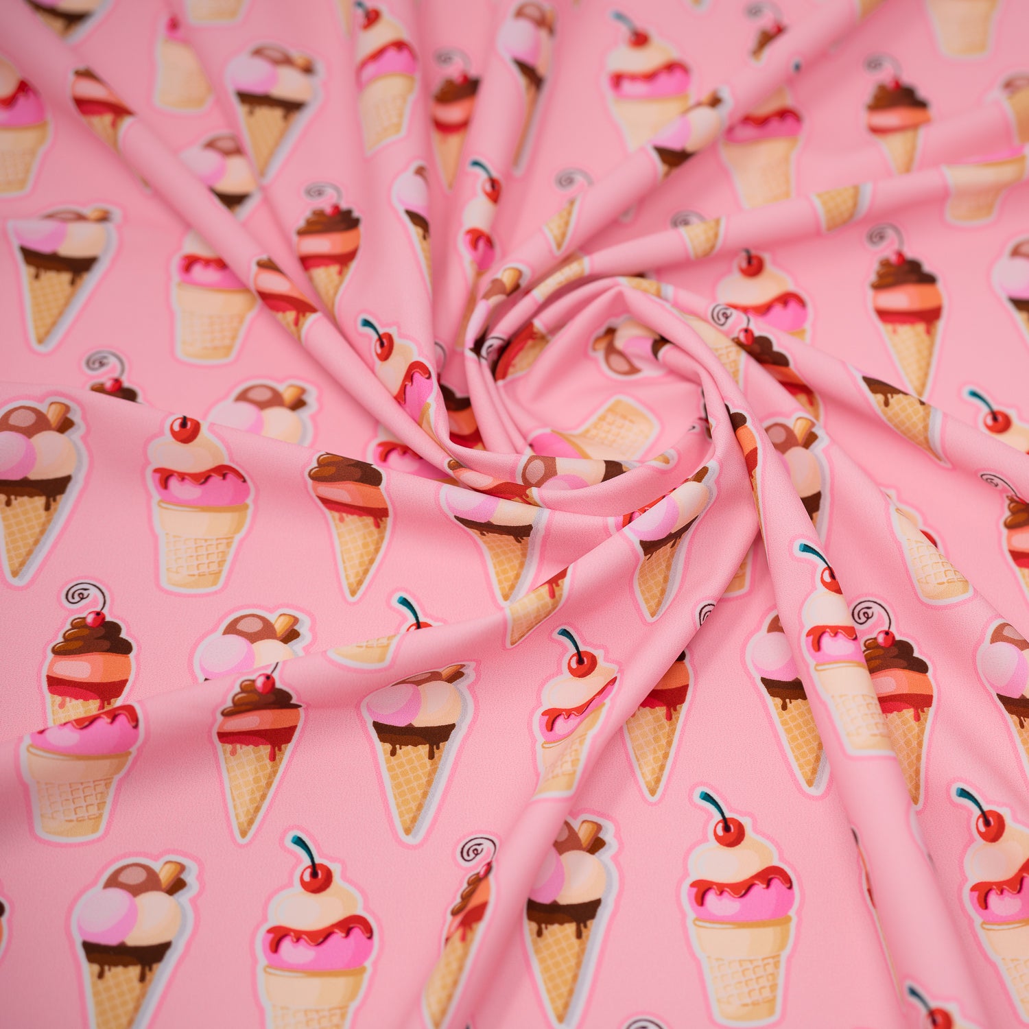 A swirled piece of Sundae Fun Day Printed Spandex.