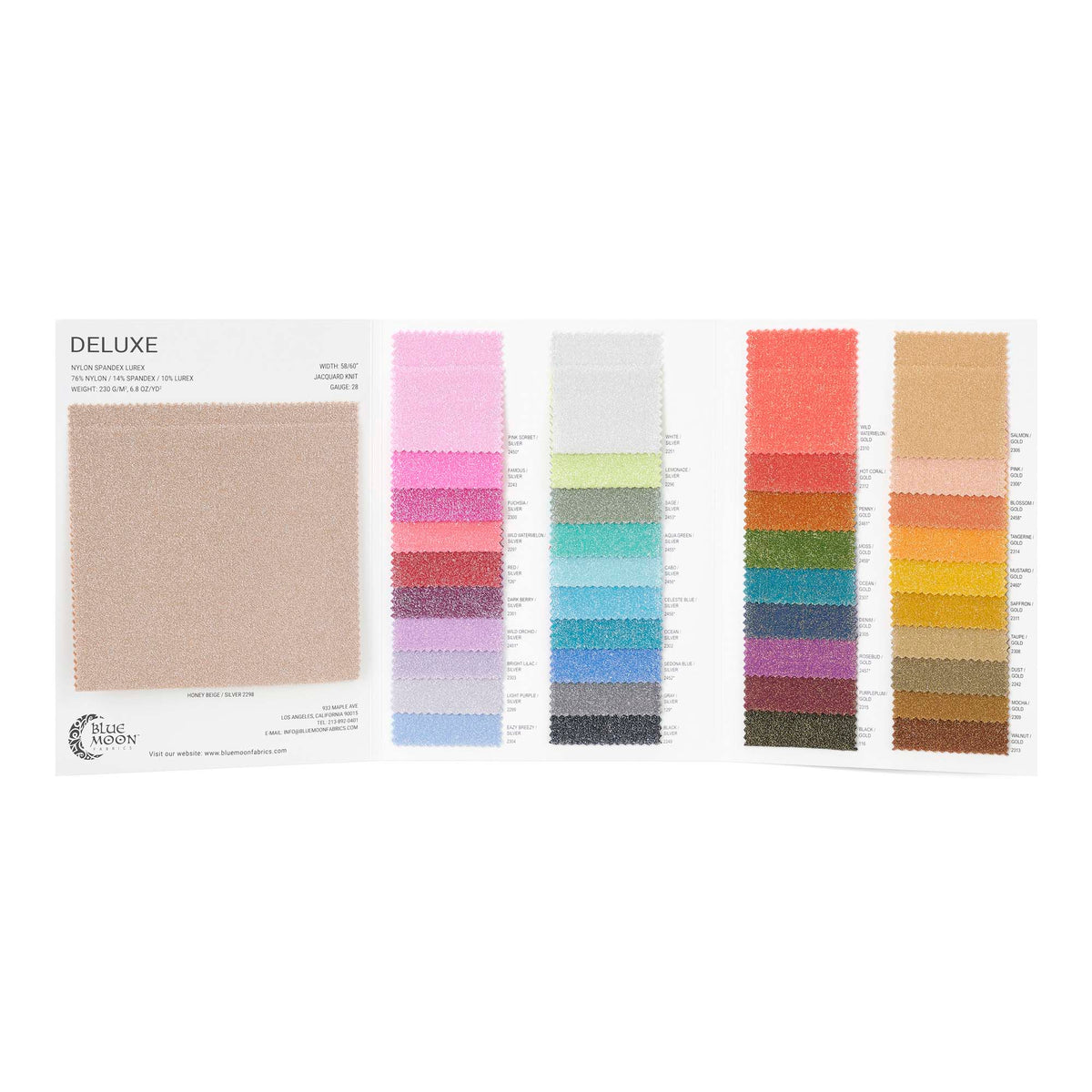 A Color Card consisting swatches of Deluxe Nylon Spandex Lurex.
