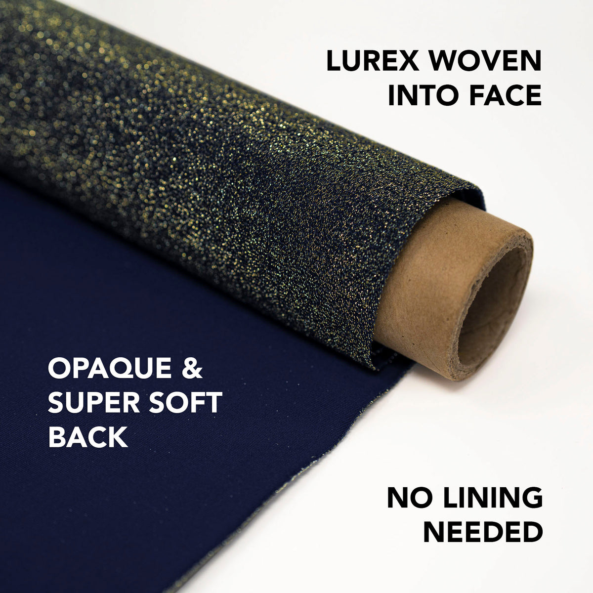 A sample showcasing features of Deluxe Nylon Spandex Lurex Fabric  in color Denim/Gold.
