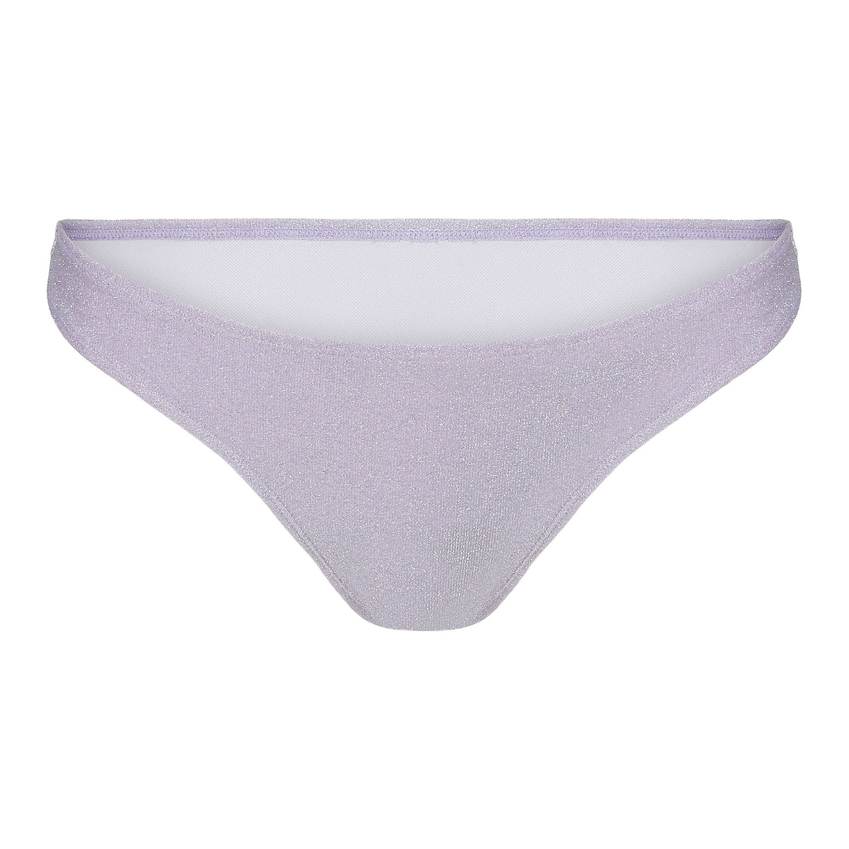 A sample bikini bottom of Deluxe Nylon Spandex Lurex Fabric in color light purple/silver.