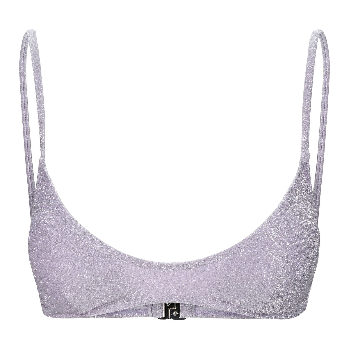 A sample bikini top of Deluxe Nylon Spandex Lurex Fabric in color light purple/silver.