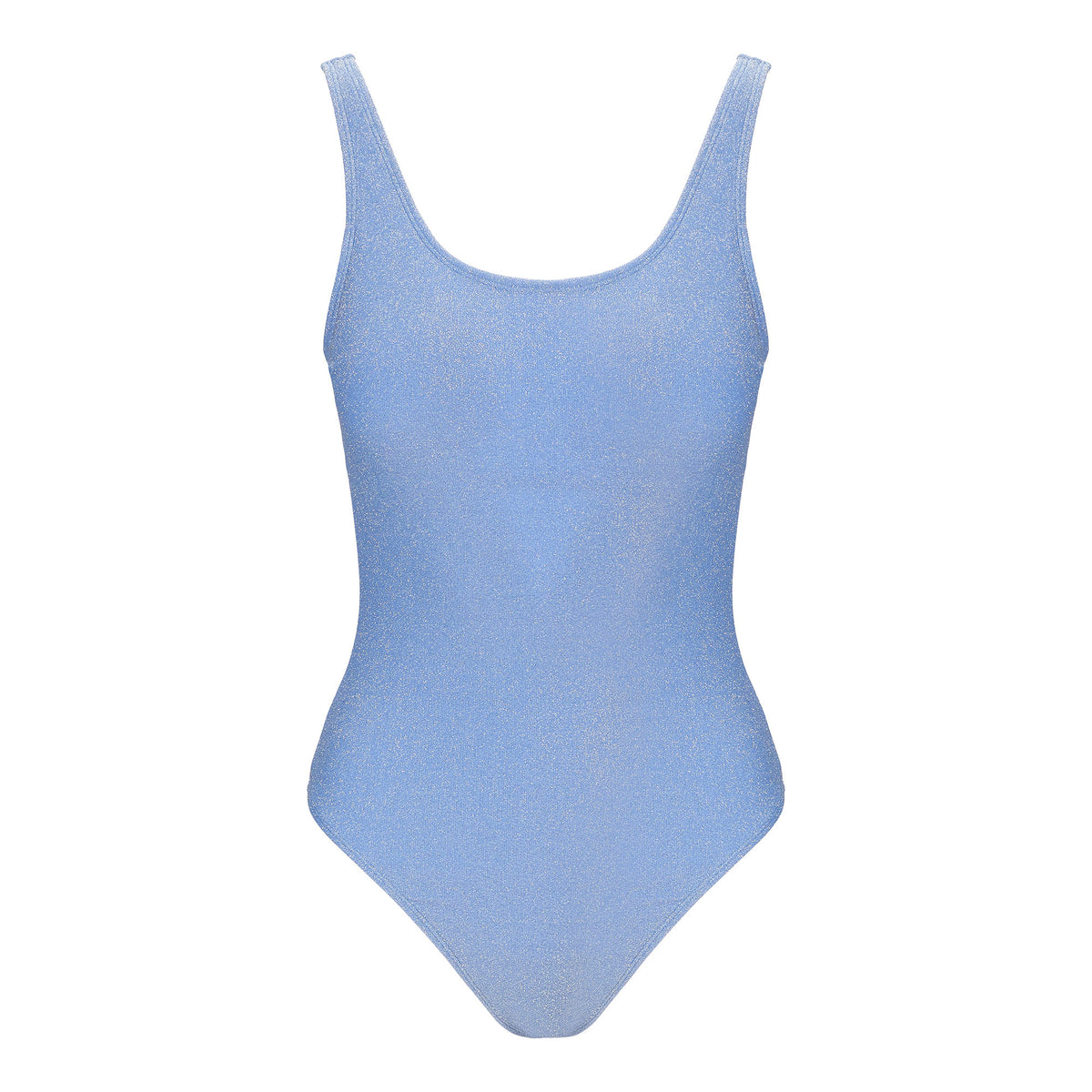 A sample one piece swimsuit of Deluxe Nylon Spandex Lurex Fabric in color  sedona blue/silver.