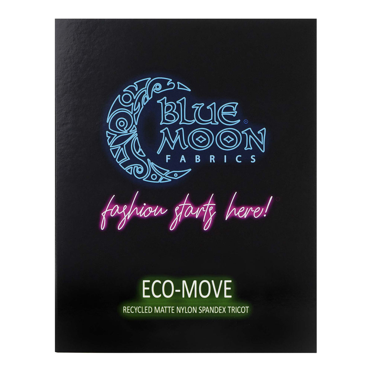 A sample color card for Eco-Move Recycled Nylon Spandex Tricot, featuring all fabric color options in swatches.