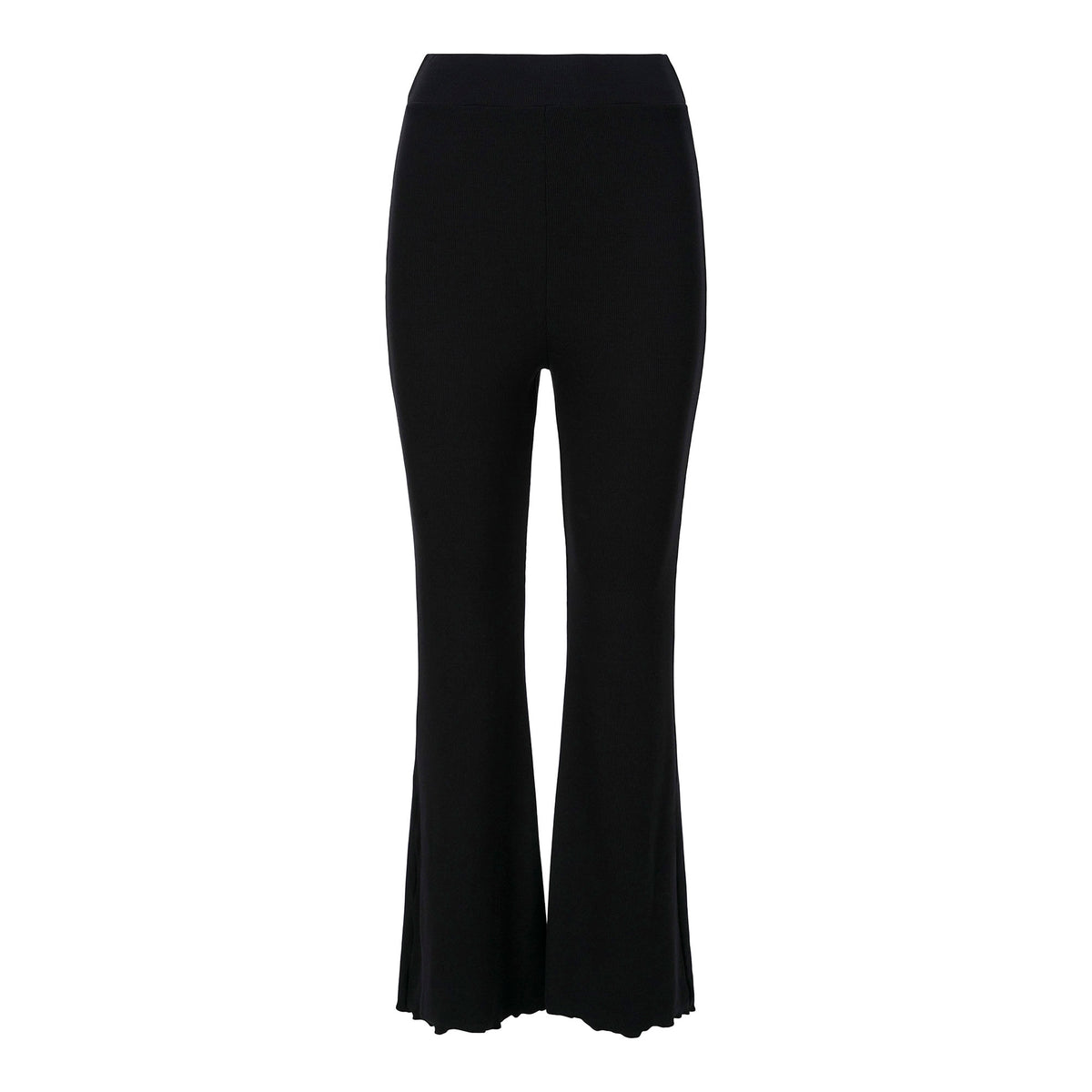 A sample pants made of Embody Tencel Lyocell Spandex Rib Jersey Fabric in color black.