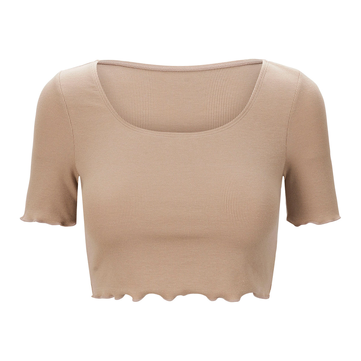A crop top shirt made of Embody Tencel Lyocell Spandex Rib Jersey Fabric in color taupe.
