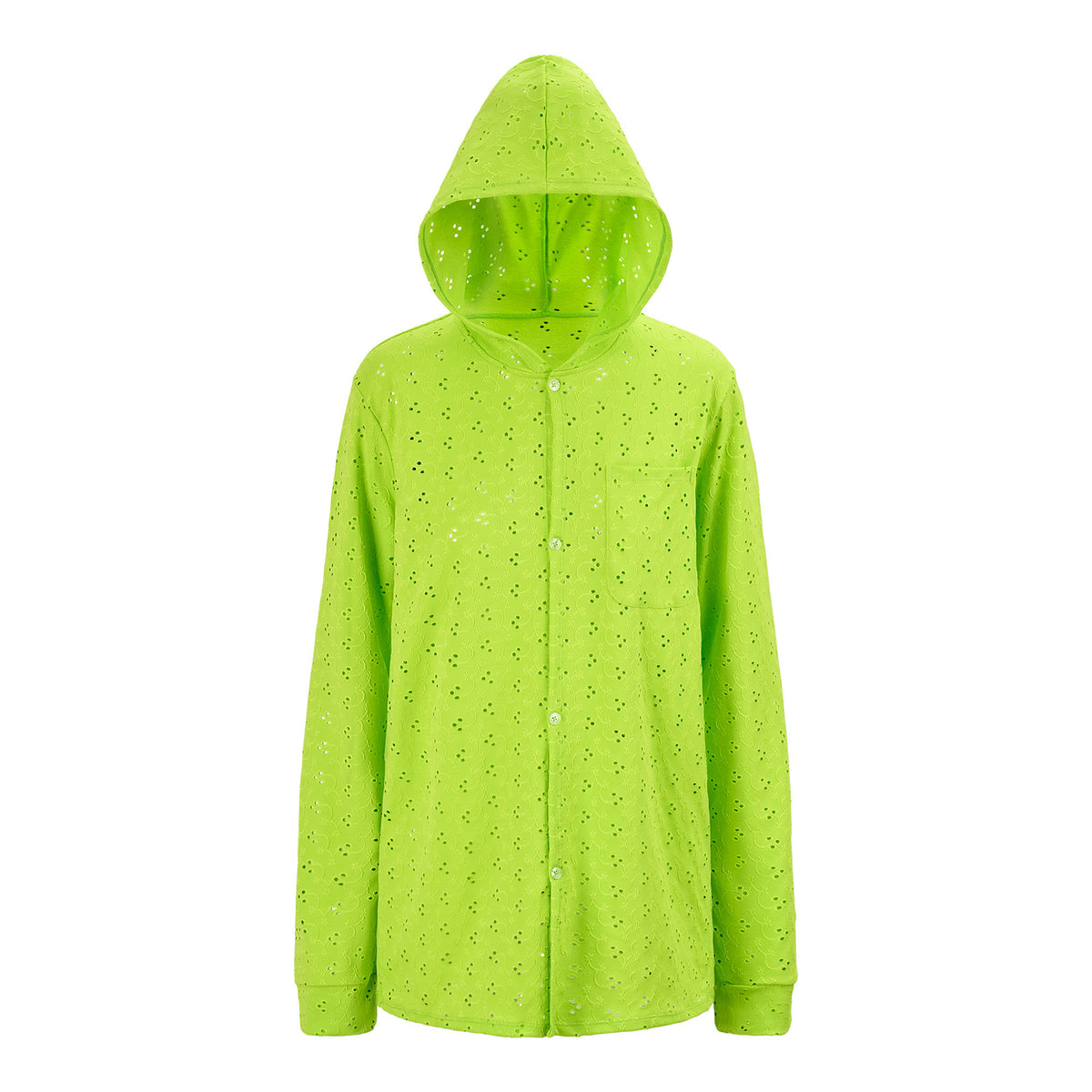 A sample hoodie made of Eyelet Polyester Spandex Jacquard Fabric in color of pear.