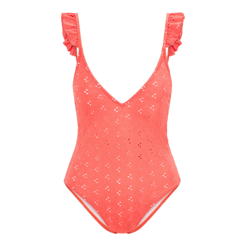 A sample one piece swimsuit made of Eyelet Polyester Spandex Jacquard Fabric in color Peach berry.