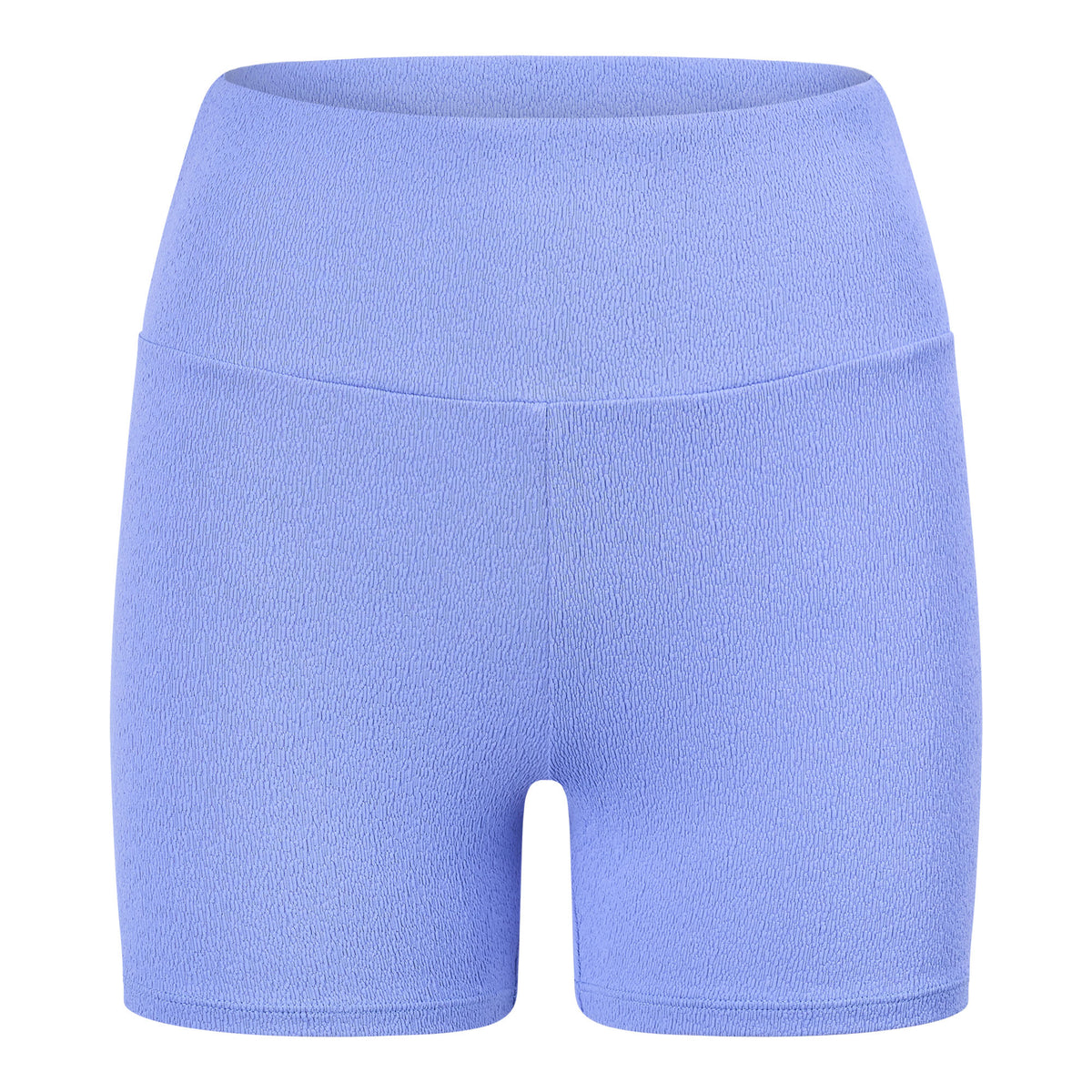 A sample of biker short made using Scrunch Textured Recycled Nylon Spandex Fabric in color persian jewel.