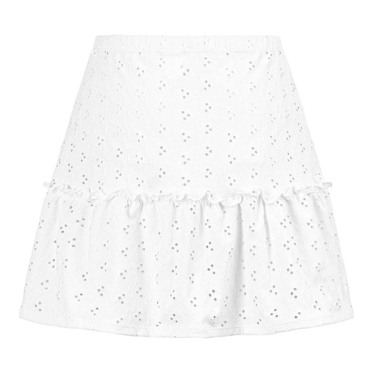 A sample skirt made of Eyelet Polyester Spandex Jacquard Fabric in color of white.