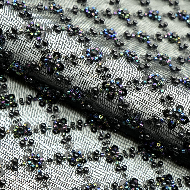 Blossom Beaded with Sequin Stretch Mesh Fabric | Blue Moon Fabrics