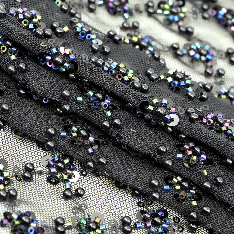 Blossom Beaded with Sequin Stretch Mesh Fabric | Blue Moon Fabrics