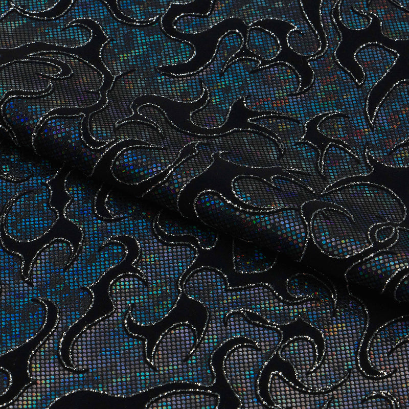 Flame Flocked Hologram Spandex Fabric | Blue Moon Fabrics