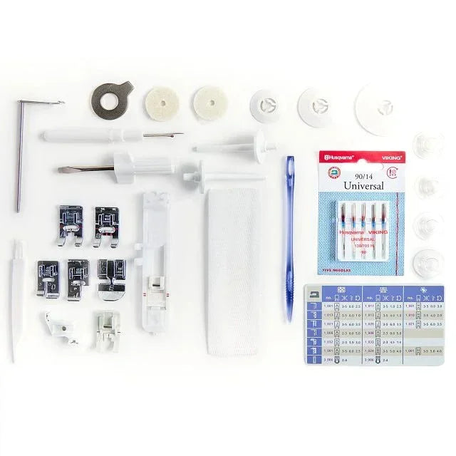 A sample of HUSQVARNA VIKING DESIGNER QUARTZ 29 Sewing & Embroidery Machine with accessories included.