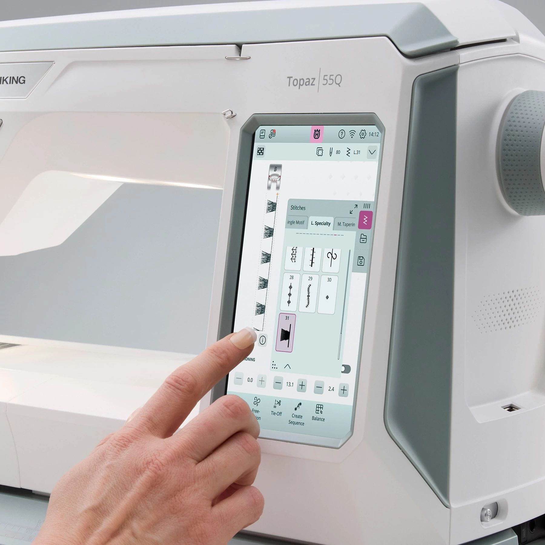 Digital touchscreen of HUSQVARNA® VIKING® TOPAZ™ 55Q Sewing Machine.