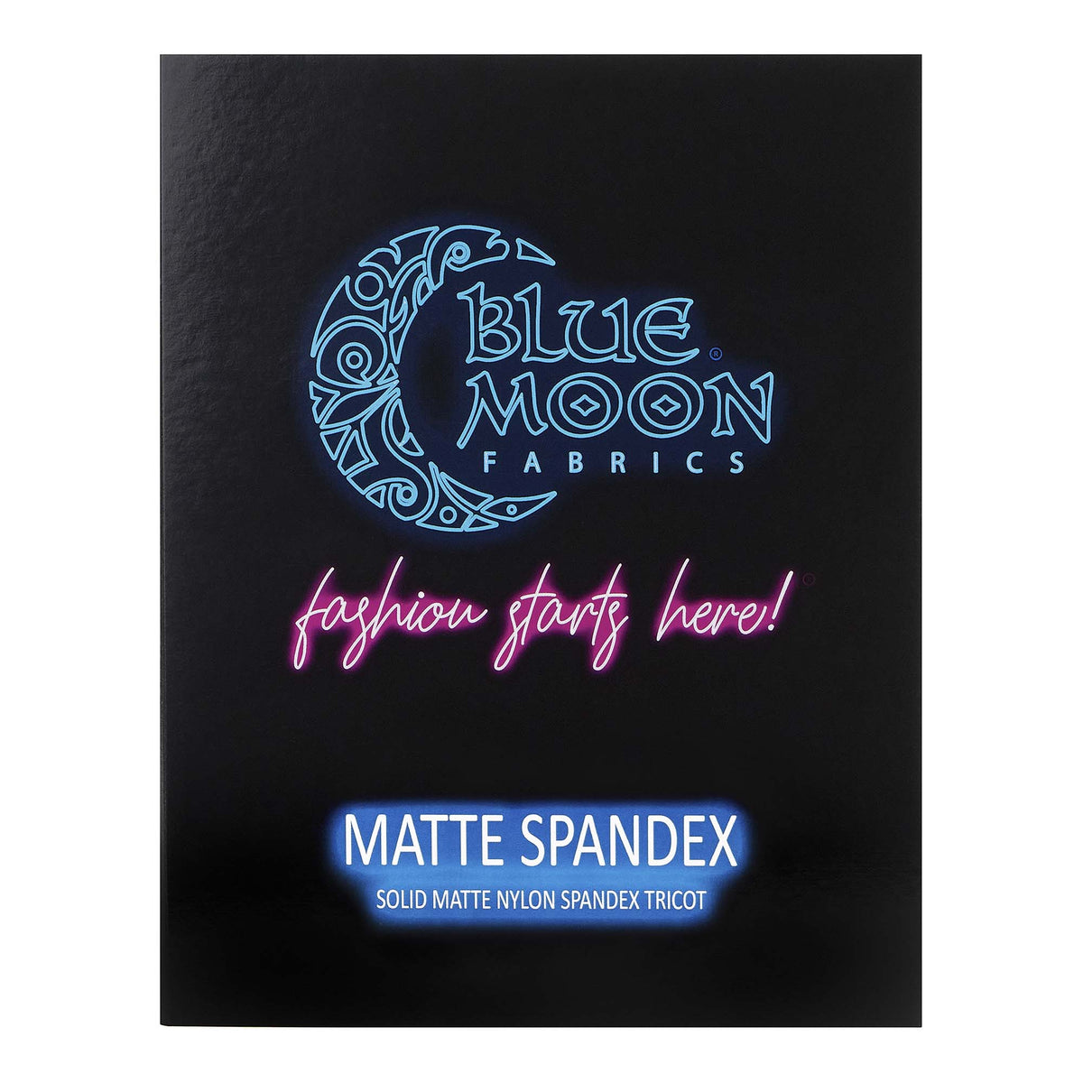 A sample color card for Matte Spandex Solid Matte Nylon Spandex Tricot, featuring all fabric color options in swatches.