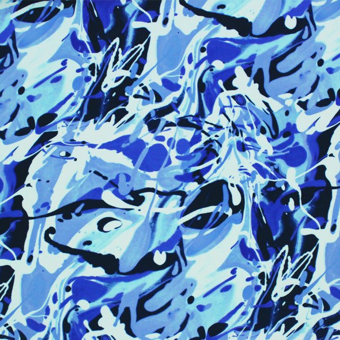  A sample of piece of Paint Bucket Blues Printed Spandex Fabric