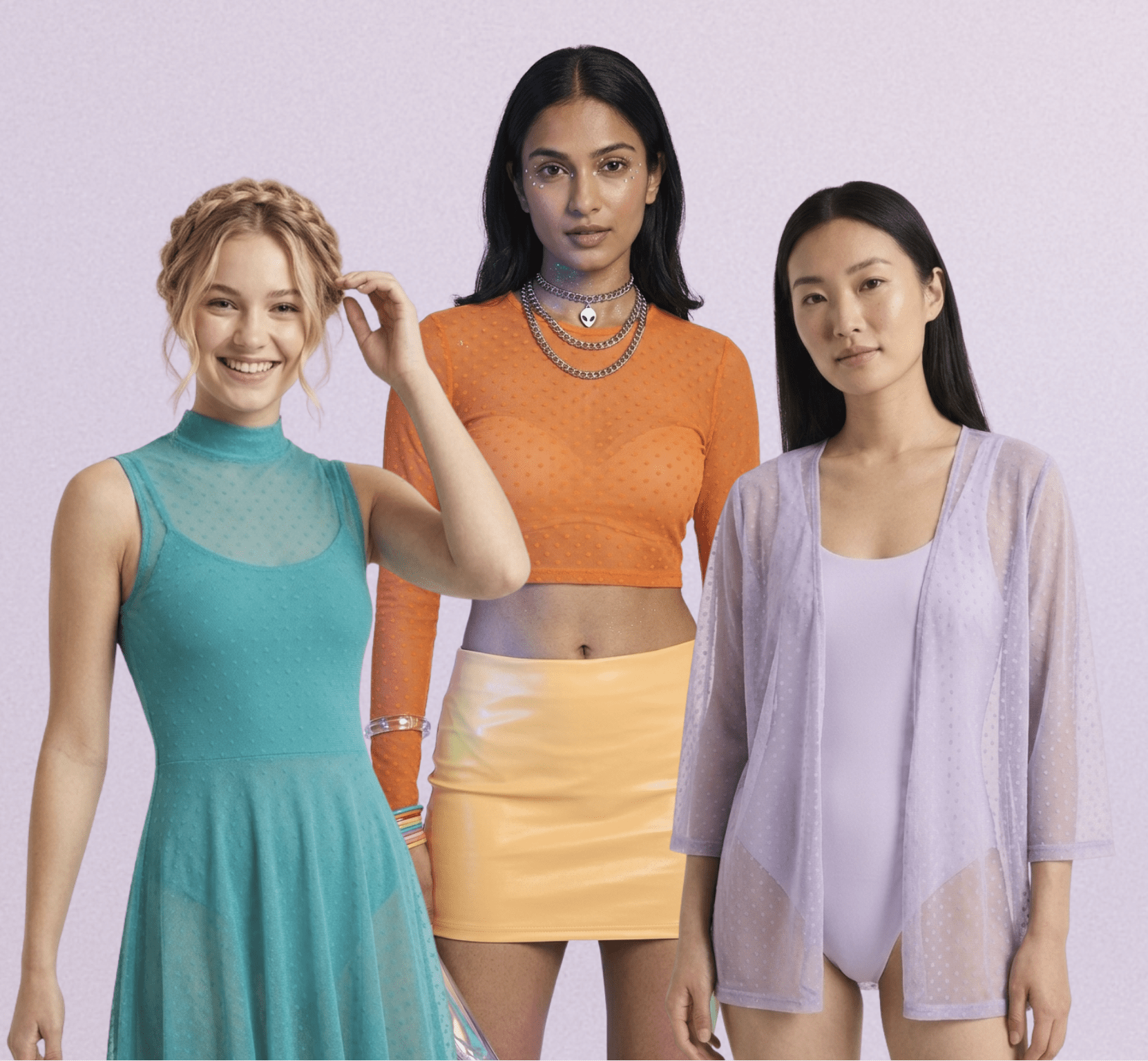 Three women with smiling and serious expressions, posing in colorful and light sheer outfits.