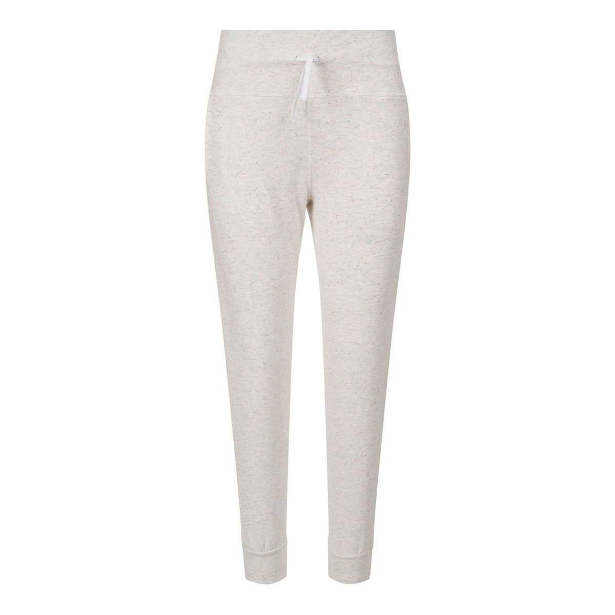A sample pants made of Speckle Cotton Polyester Modal Terry Spandex Fabric in color cream/multi.