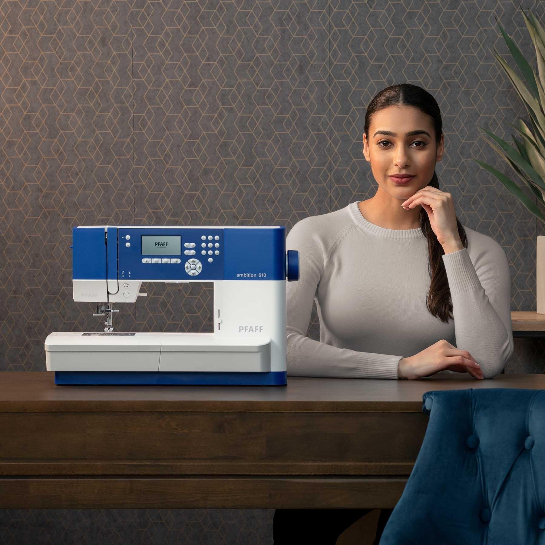 A sample of PFAFF ambition 610 Blue Sewing Machine.