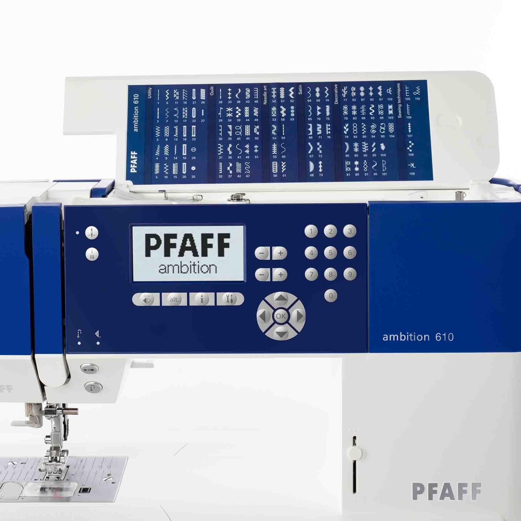 A sample of PFAFF ambition 610 Blue Sewing Machine.