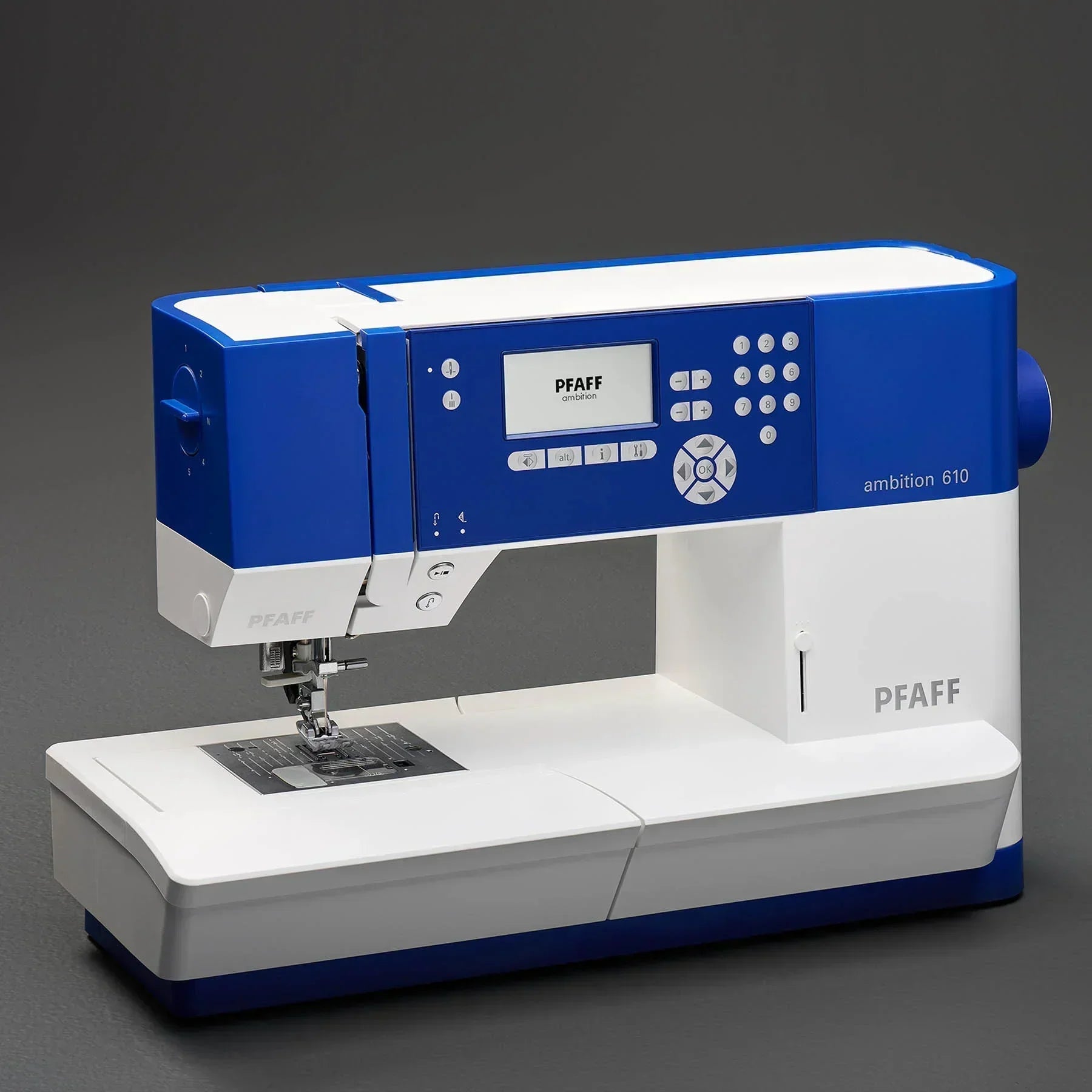 A sample of PFAFF ambition 610 Blue Sewing Machine.