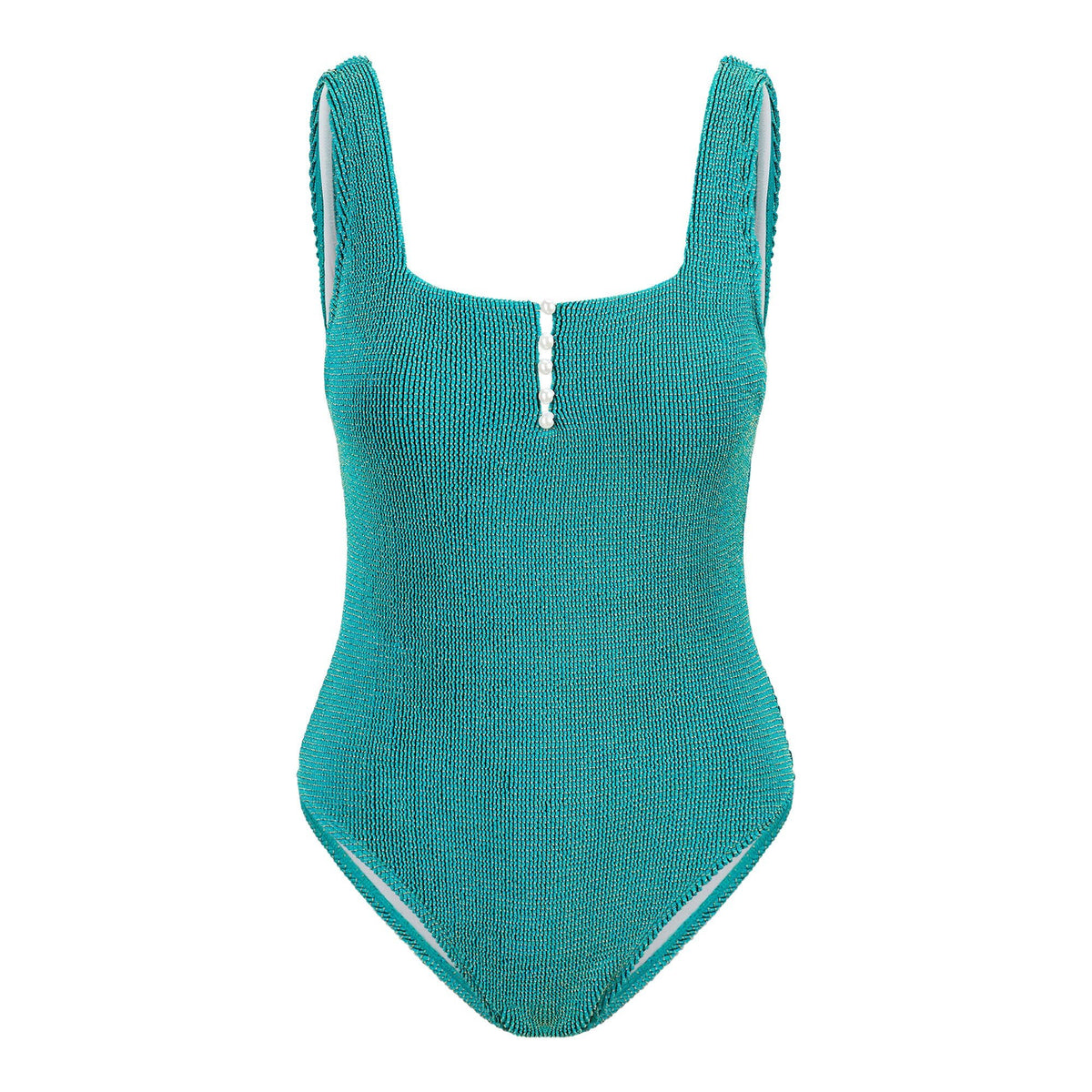 A sample one piece swimsuit of  Ritzy Crinkle Nylon Polyester Spandex with Metallic  in the color  ocean.