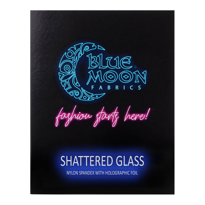 A sample color card for Shattered Glass Foiled Spandex Fabric, featuring all fabric color options in swatches.