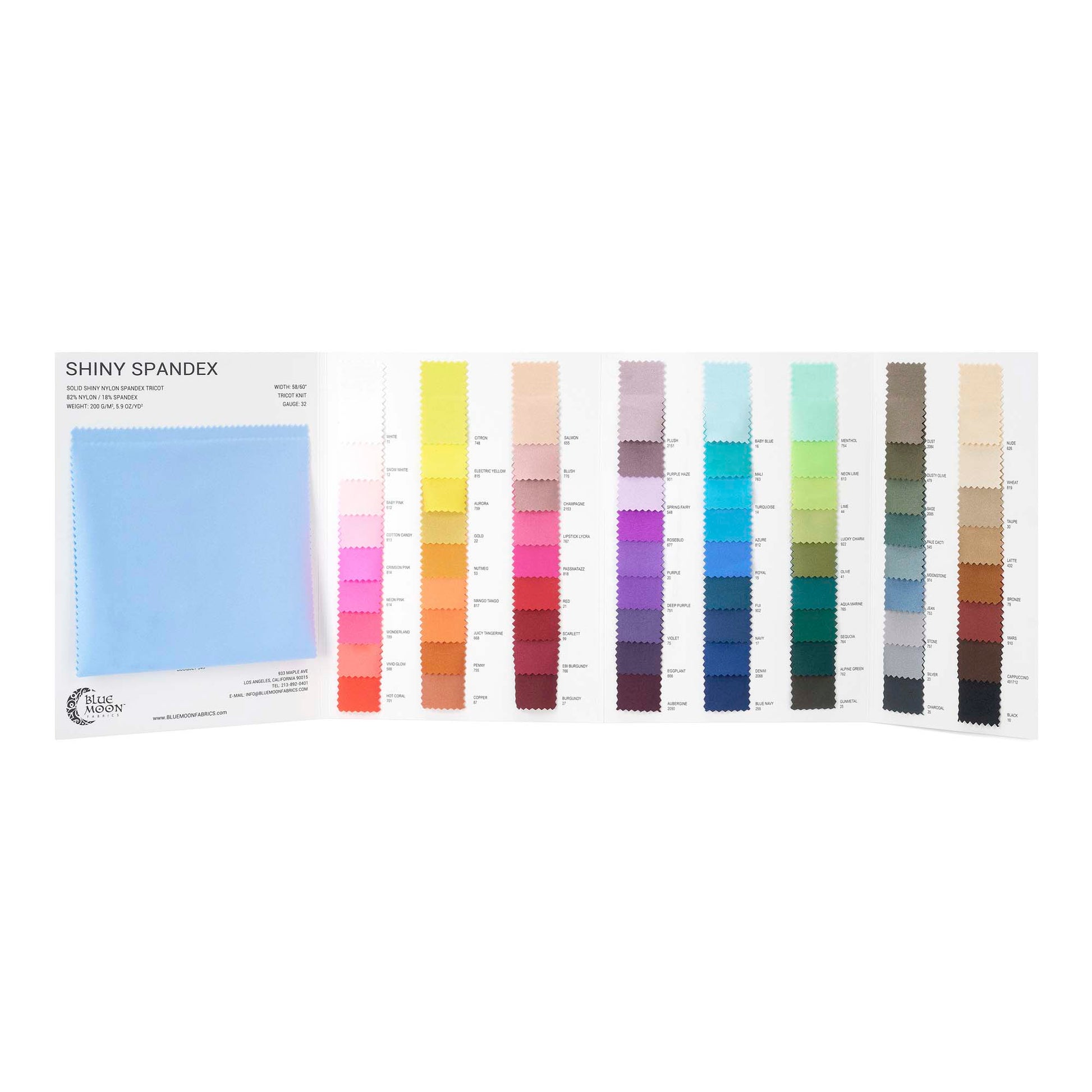 A Color Card consisting swatches of  Shiny Nylon Spandex Fabric.