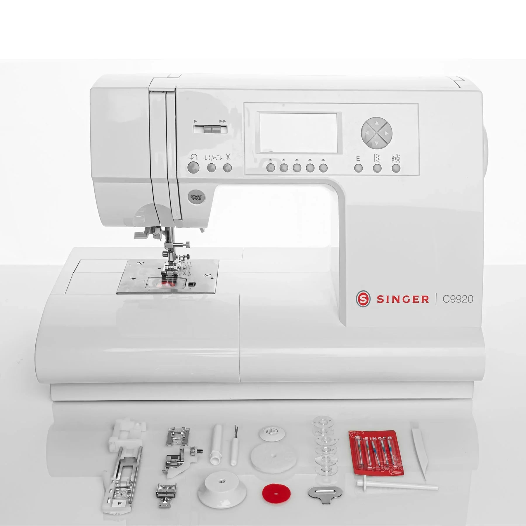 A sample of the Singer C9920 Sewing Machine with accessories included.