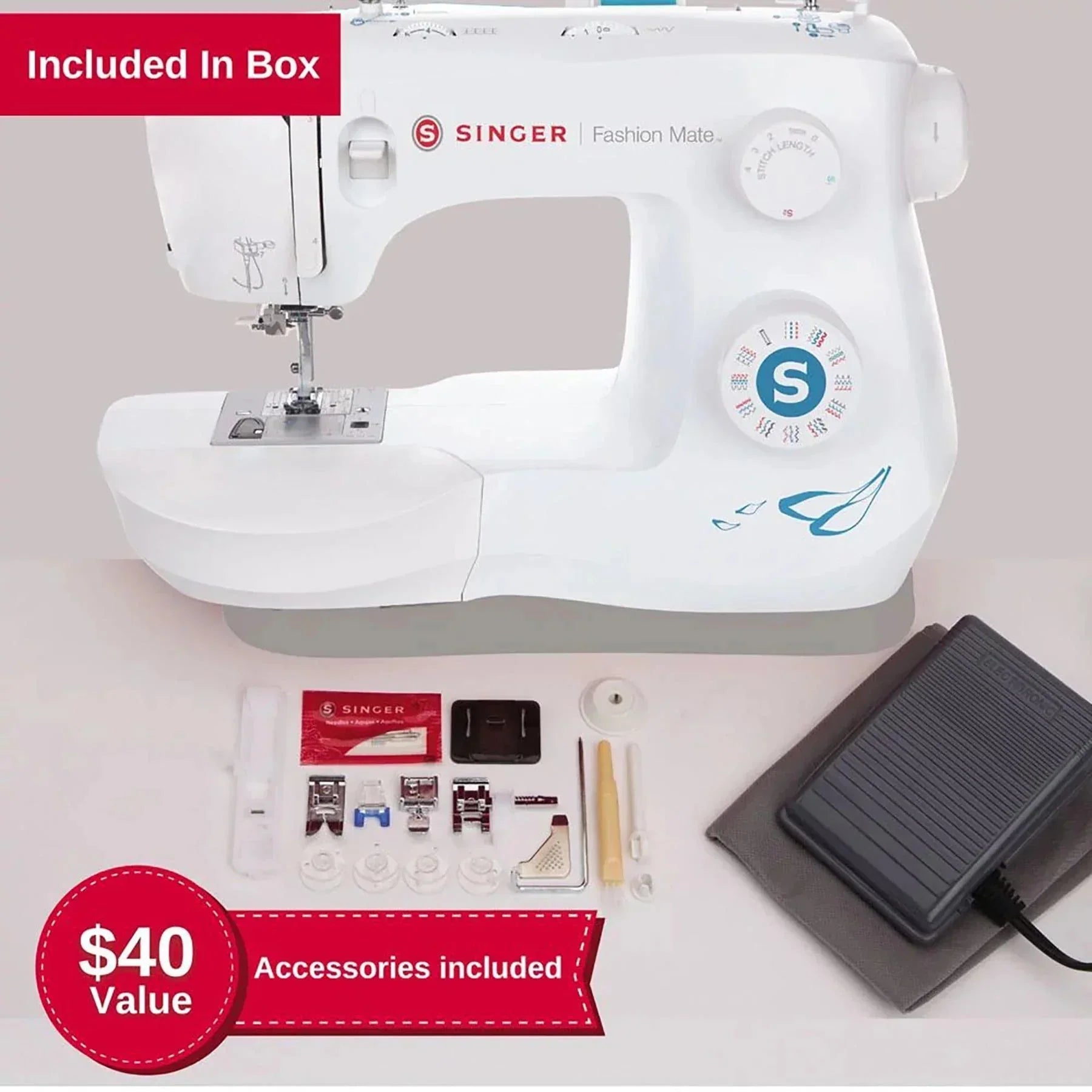 A sample of SINGER Fashion Mate 3342 Sewing Machine with accessories included.