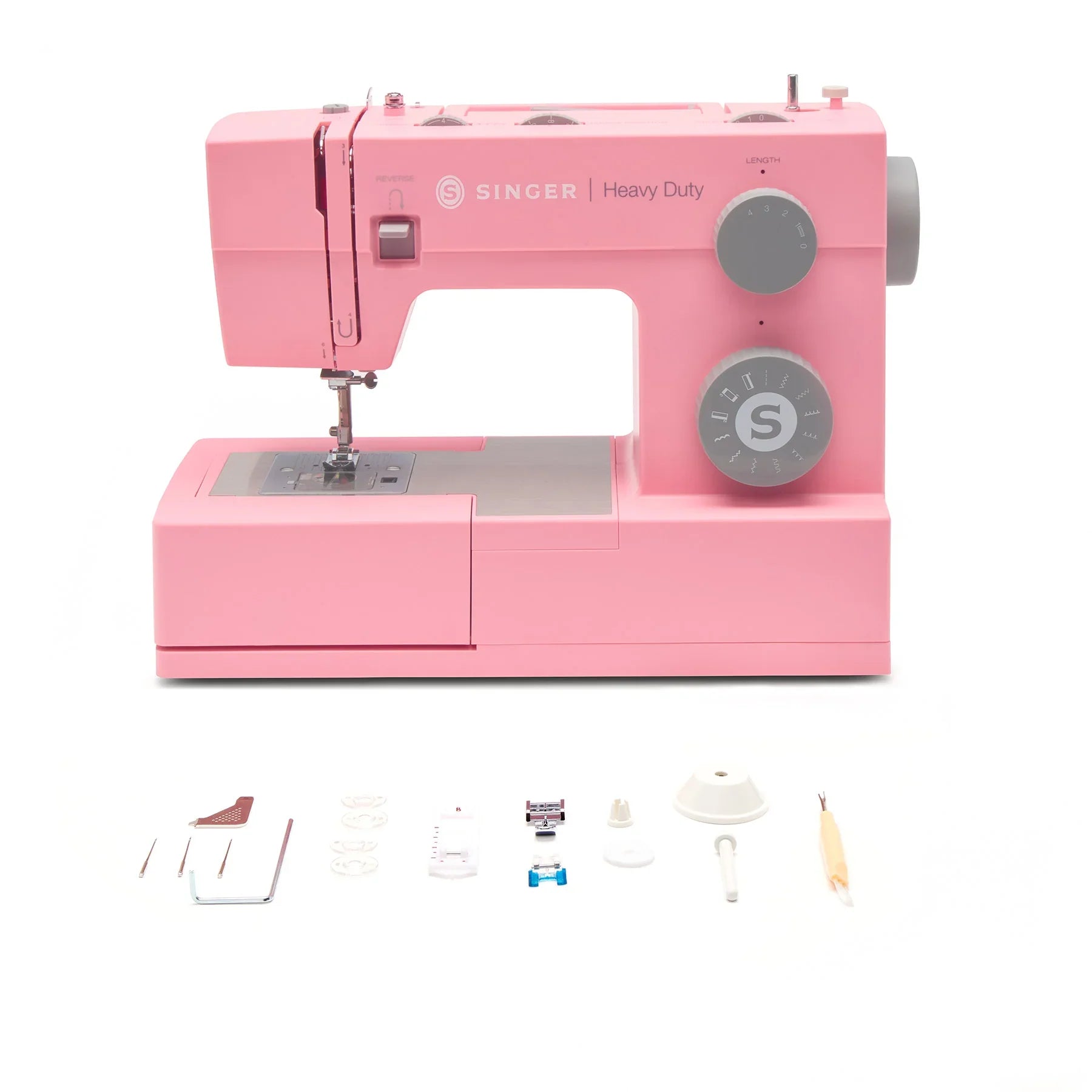 A sample of SINGER® Heavy Duty 4411 Pink Sewing Machine with accessories included.