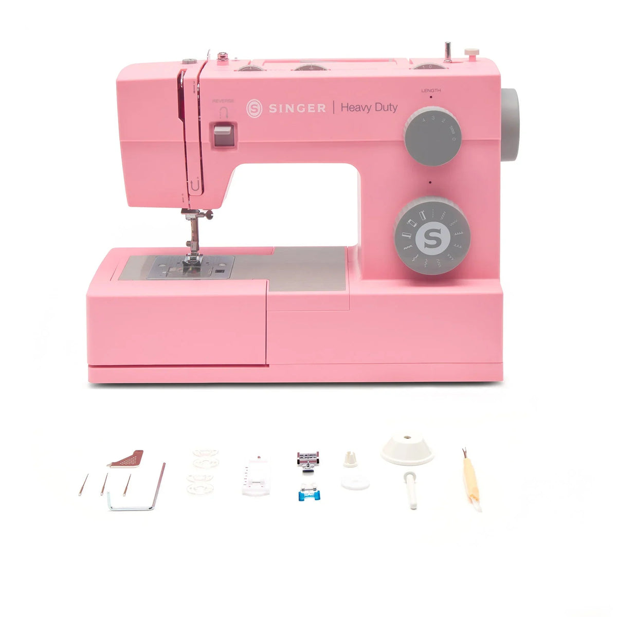 A sample of SINGER® Heavy Duty 4411 Pink Sewing Machine with accessories included.