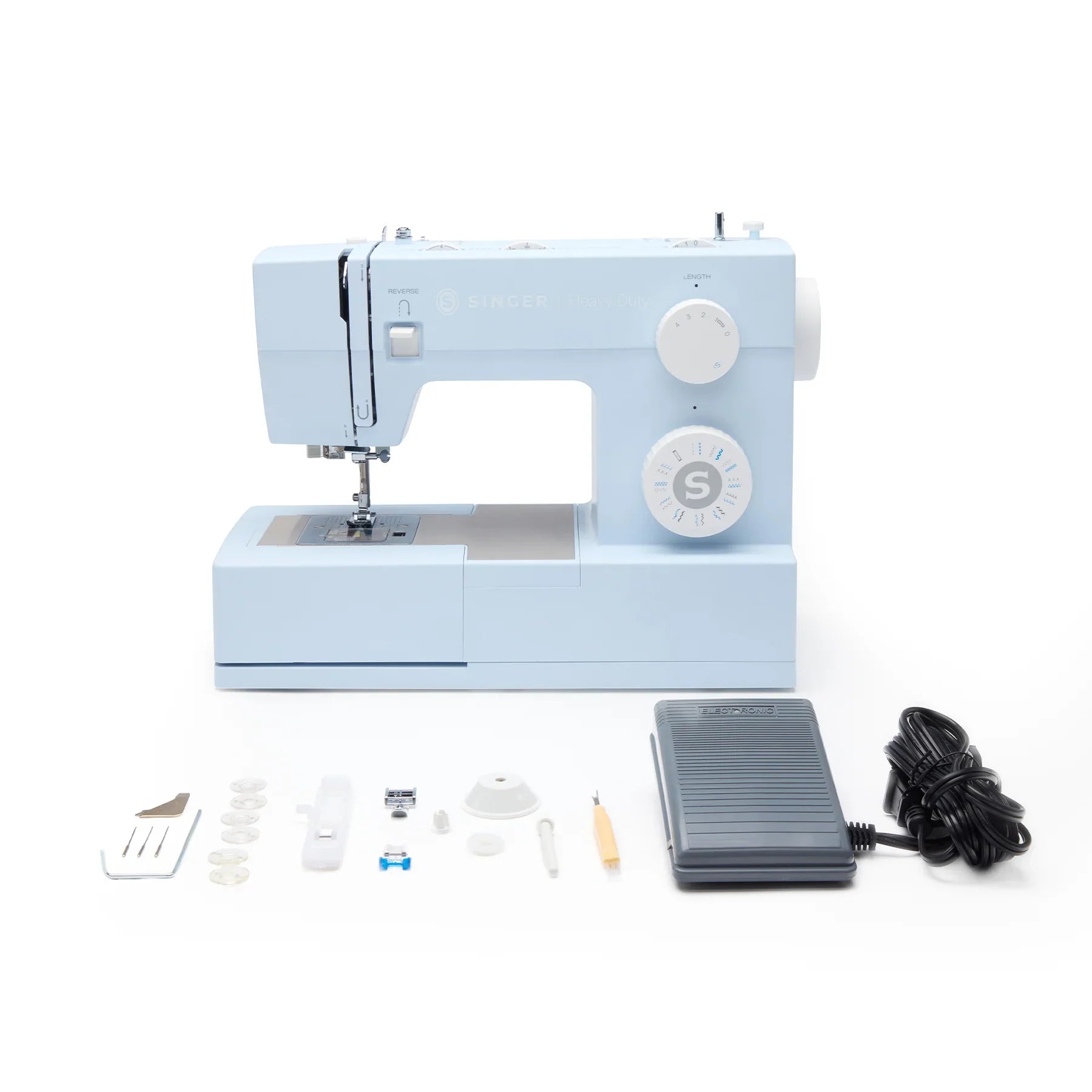 A sample of SINGER Heavy Duty 4423 Meltwater Blue Sewing Machine with accessories included.