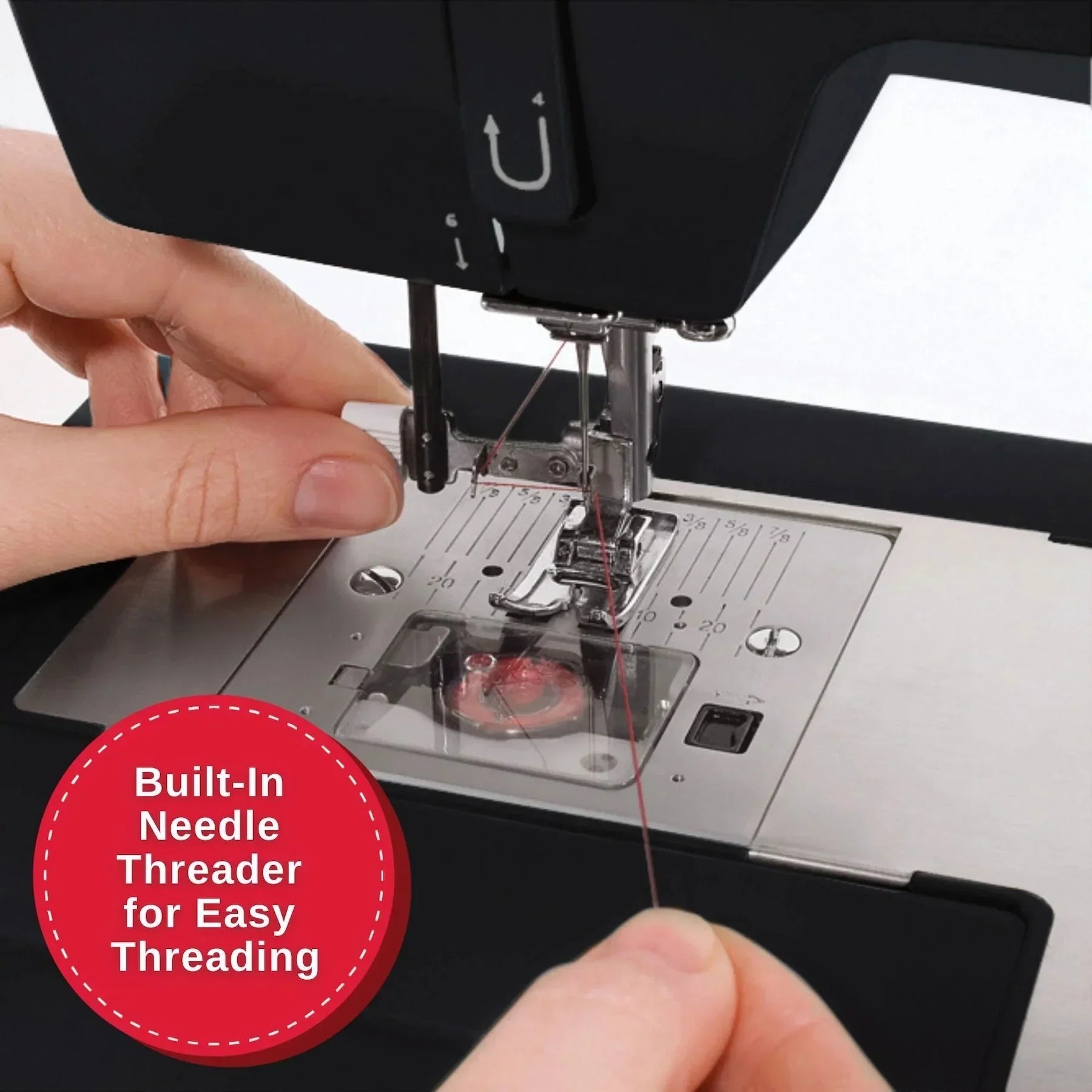 Am image of built-in needle threader for Singer Heavy Duty 4432 Black Sewing Machine.