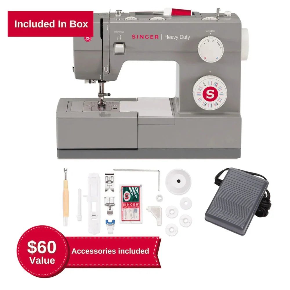 A sample of SINGER Heavy Duty 4432 Sewing Machine with accessories included.