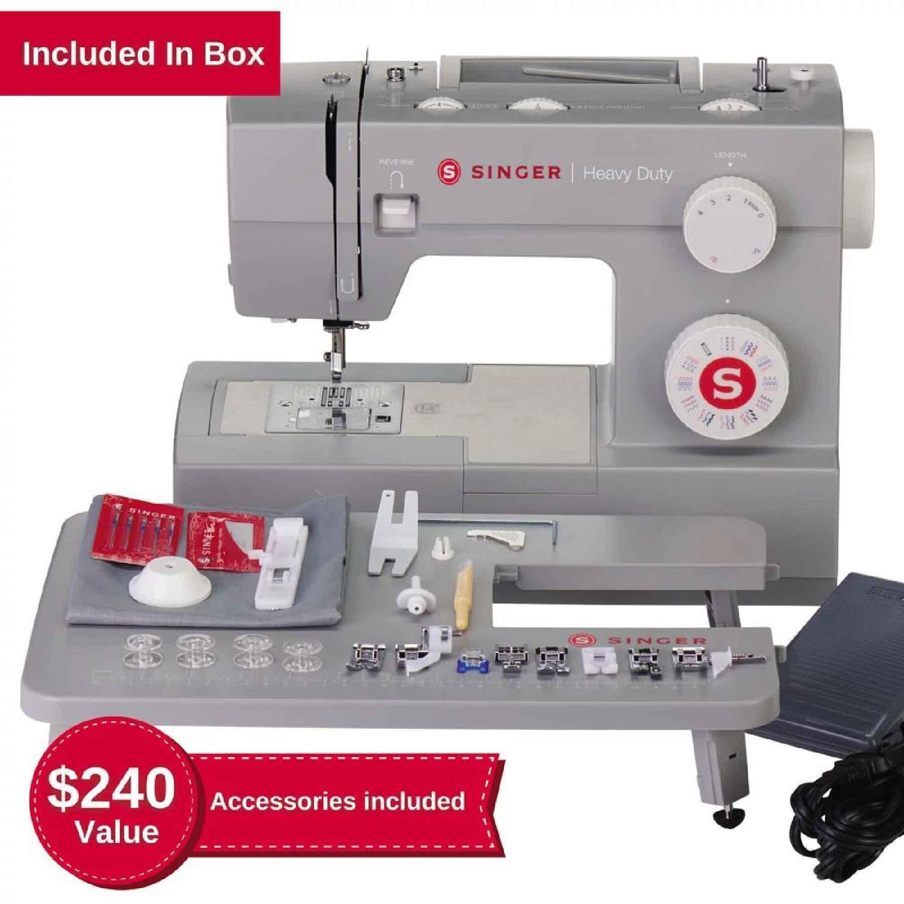 Accessories included of the SINGER Heavy Duty 6380 Sewing Machine with Extension Table.