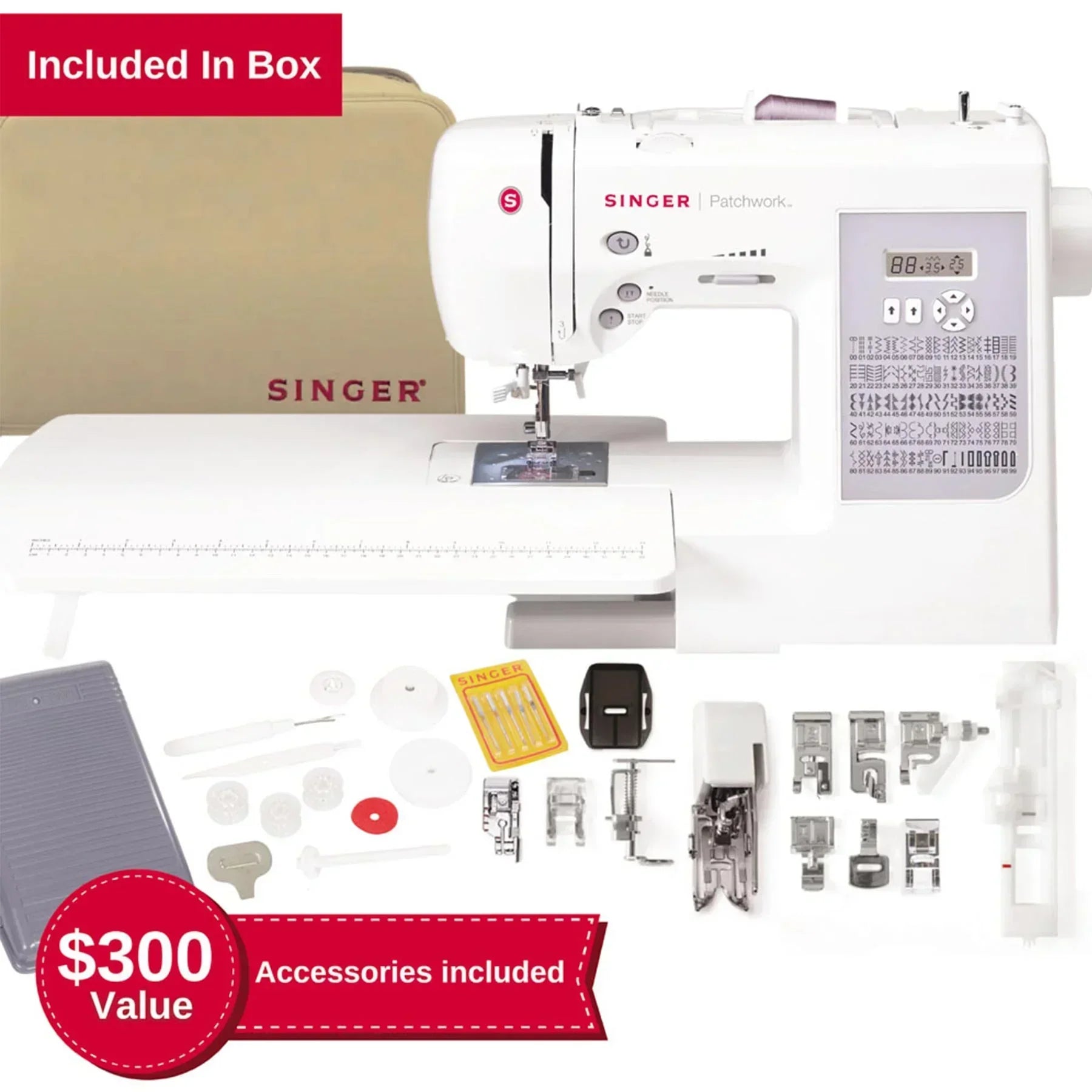 A Sample of the SINGER Patchwork 7285Q Sewing & Quilting Machine with accessories included.