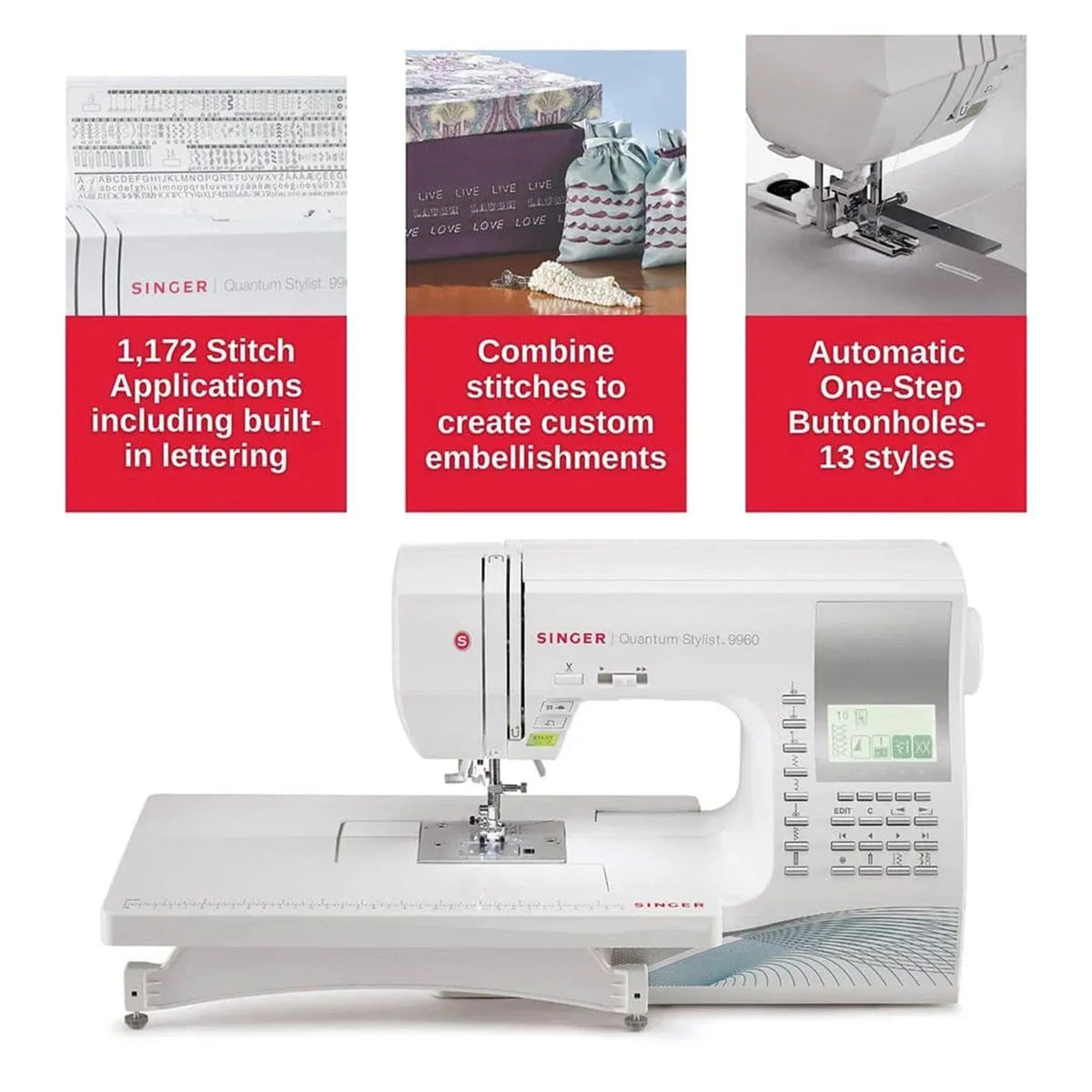 Features of the SINGER Quantum Stylist 9960 Sewing Machine with Extension Table.